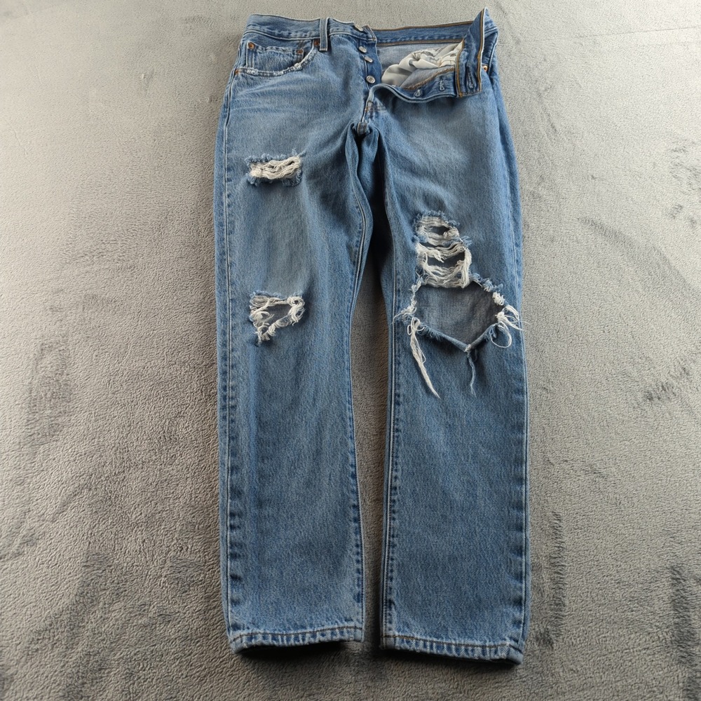 Levis 501 S‎ Jeans Womens 30x28 Blue Light Wash Distressed Skinny Button Fly